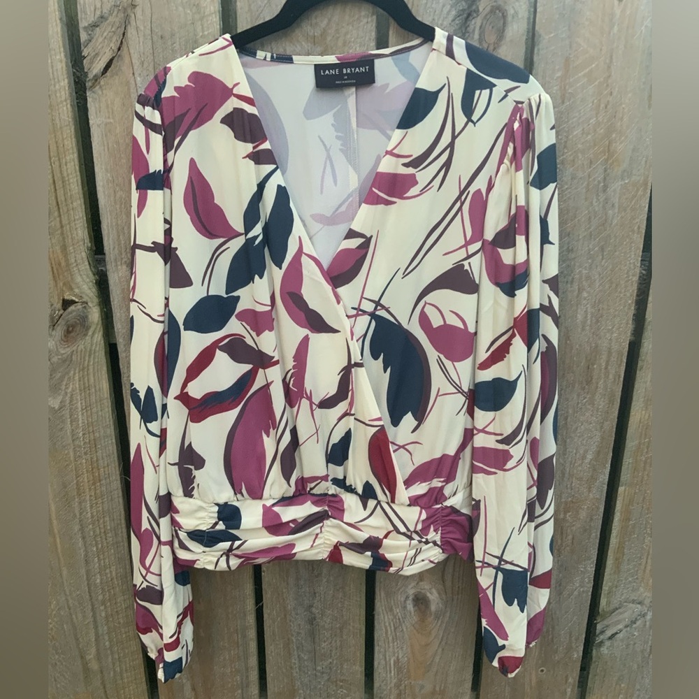 Lane Bryant Floral Wrap Crop Top - Cream, Purple, and Pink 18